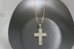 14kt White Sapphire Cross Pendant with 14kt Two-tone  Hollow Mariner Chain - Sell Gold NYC