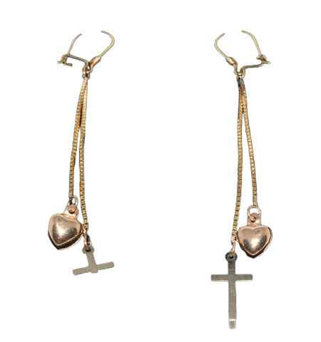 Double Strand Cross and Heart Drop Earrings in 14K Tri-tone Gold - Sell Gold NYC