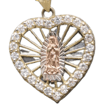 14kt Tri-tone White Sapphire Heart Virgin Mary Pendant with 14kt Solid Figaro Chain - Sell Gold NYC
