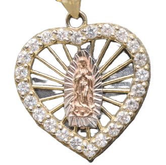 14kt Tri-tone White Sapphire Heart Virgin Mary Pendant with 14kt Solid Figaro Chain - Sell Gold NYC