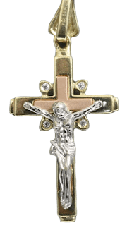 14kt Tri-tone Jesus on Cross Pendant with 14kt Rose Gold Flat Mariner Chain - Sell Gold NYC