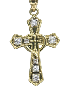 Yellow Gold White Sapphire Heart Cross 14kt Pendant - Sell Gold NYC
