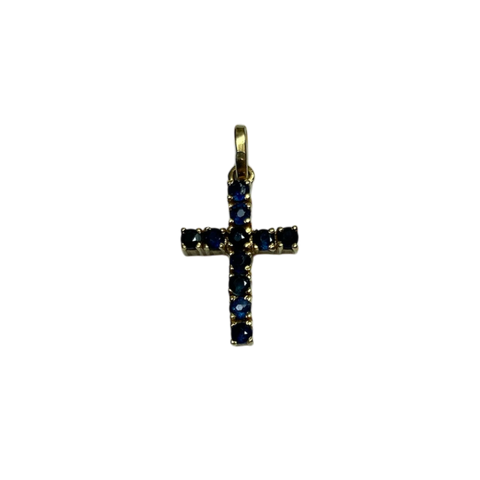 14K Yellow Gold Cross Pendant with Dark Blue Sapphires