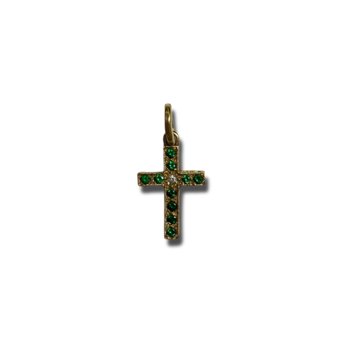 14K Gold Cross Pendant with Green Sapphires and Diamond