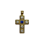 14K Gold Cross Pendant with Blue and White Stones