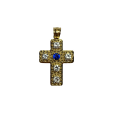 14K Gold Cross Pendant with Blue and White Stones