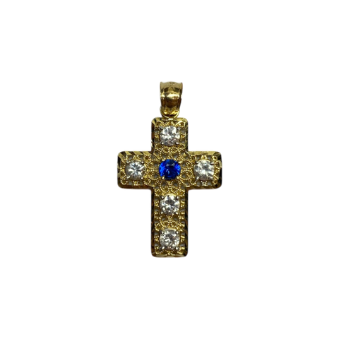 14K Gold Cross Pendant with Blue and White Stones
