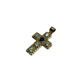 14K Gold Cross Pendant with Blue and White Stones