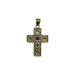 14K Gold Cross Pendant with Blue and White Stones