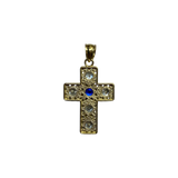 14K Gold Cross Pendant with Blue and White Stones