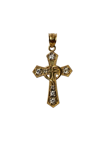 14K Gold Cross Pendant with Heart and Stones