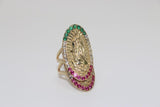 14K Yellow Gold Jesus Green Pink Clear Sapphire Ring - Sell Gold NYC