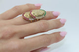 14K Yellow Gold Jesus Green Pink Clear Sapphire Ring - Sell Gold NYC