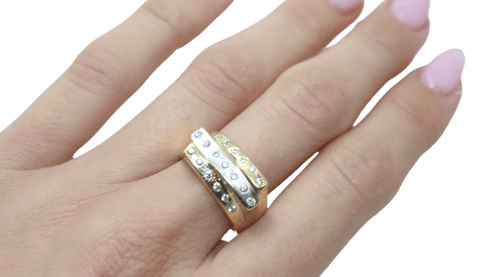 14K Two-tone Triple Layer White Sapphire Solid Ring - Sell Gold NYC