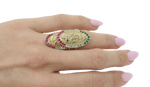 14K Yellow Gold Jesus Green Pink Clear Sapphire Ring - Sell Gold NYC